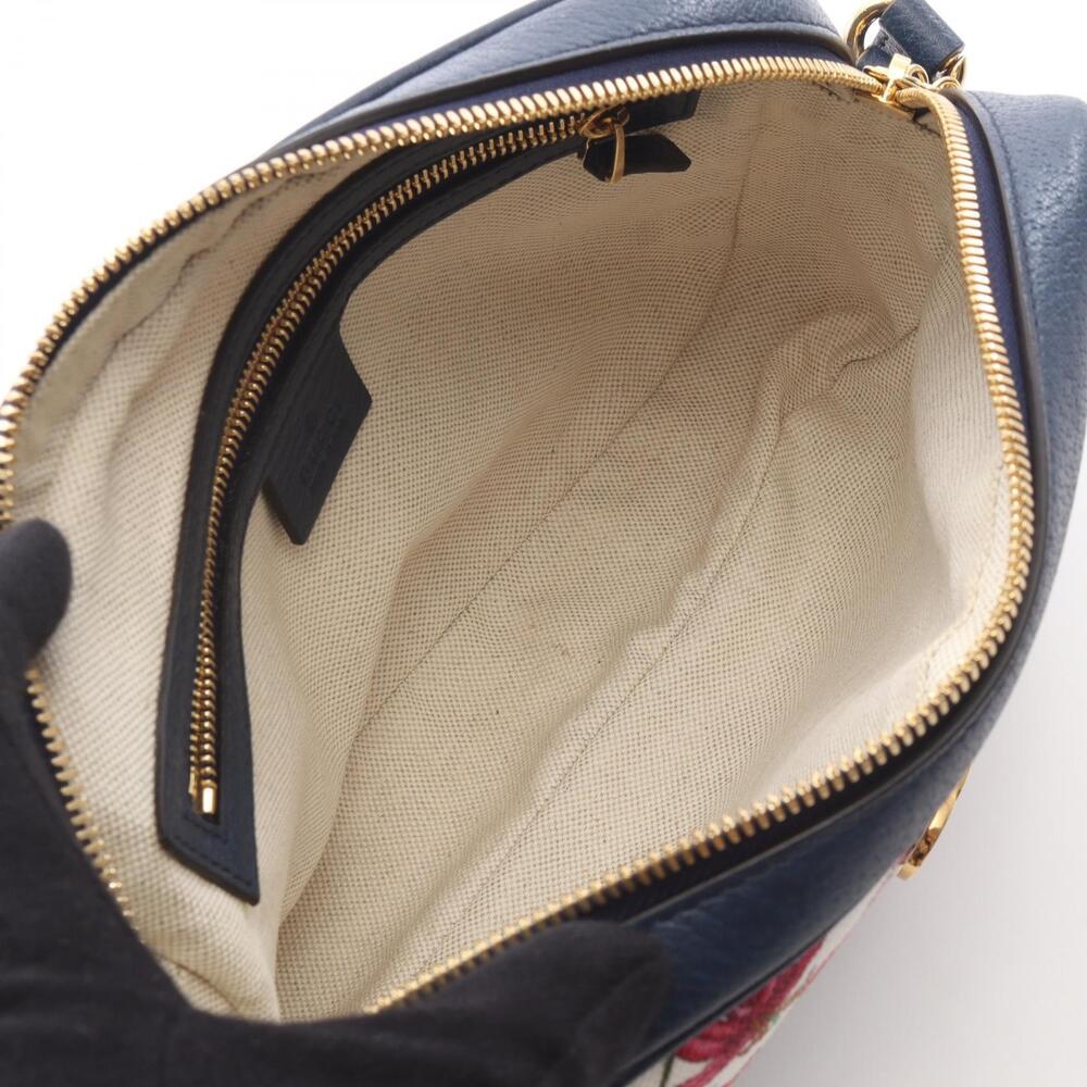 Gucci Navy Flower Flora Leather White Canvas Shoulder Blue Bag Multicolor